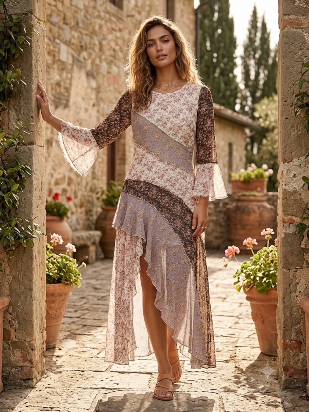 chic Asymmetrical Floral Patchwork Maxi Dress in Lavender and Brown